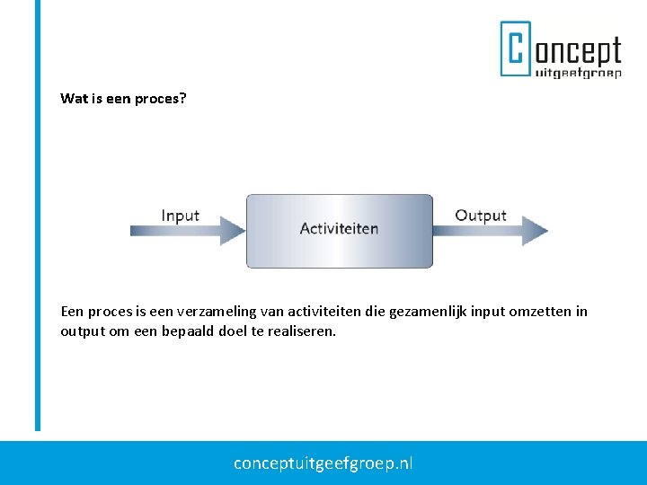Wat is een proces? Een proces is een verzameling van activiteiten die gezamenlijk input