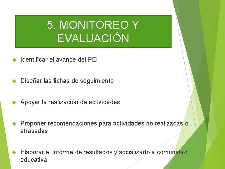 5. MONITOREO Y EVALUACIÓN Identificar el avance del PEI Diseñar las fichas de seguimiento 5. MONITOREO Y EVALUACIÓN Identificar el avance del PEI Diseñar las fichas de seguimiento
