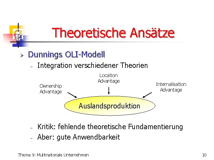 Theoretische Ansätze Ø Dunnings OLI-Modell - Integration verschiedener Theorien Location Advantage Ownership Advantage Internalisation