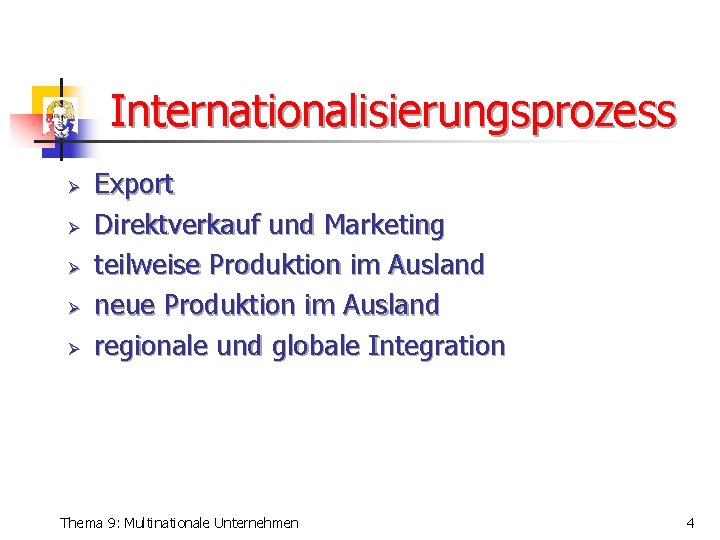 Internationalisierungsprozess Ø Ø Ø Export Direktverkauf und Marketing teilweise Produktion im Ausland neue Produktion