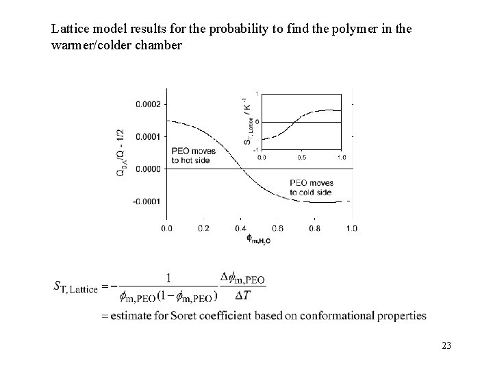 Lattice model results for the probability to find the polymer in the warmer/colder chamber