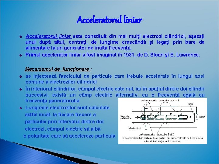Acceleratorul liniar este constituit din mai mulţi electrozi cilindrici, aşezaţi unul după altul, centraţi, Acceleratorul liniar este constituit din mai mulţi electrozi cilindrici, aşezaţi unul după altul, centraţi,