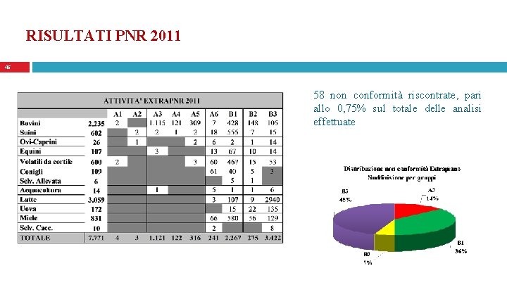 RISULTATI PNR 2011 45 58 non conformità riscontrate, pari allo 0, 75% sul totale