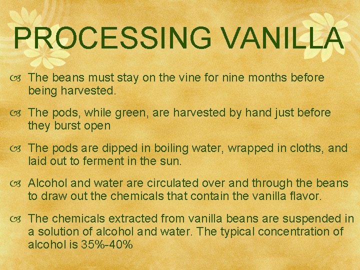 PROCESSING VANILLA The beans must stay on the vine for nine months before being