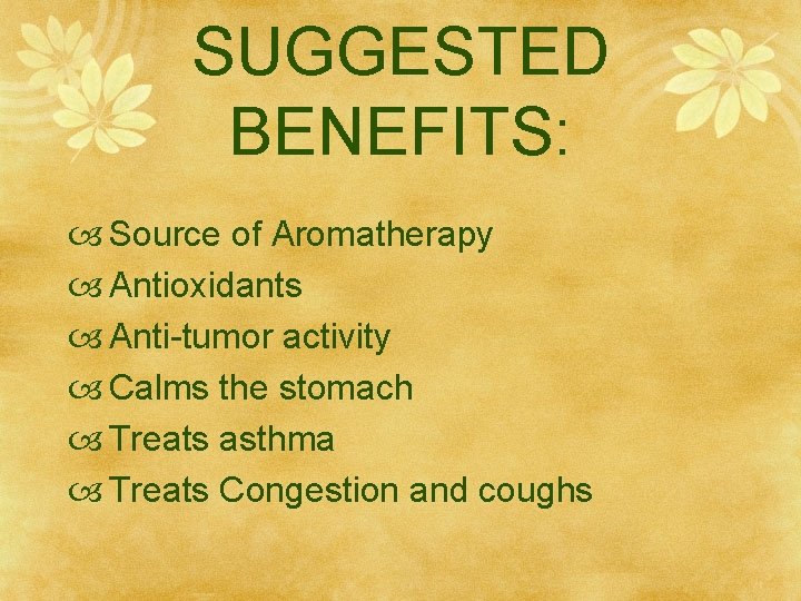 SUGGESTED BENEFITS: Source of Aromatherapy Antioxidants Anti-tumor activity Calms the stomach Treats asthma Treats