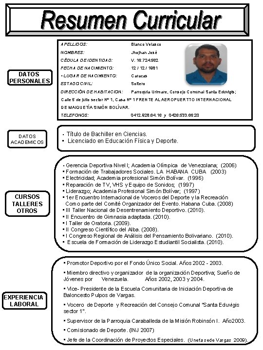 DATOS PERSONALES APELLIDOS: Blanco Velasco NOMBRES: Jhojhan José CÉDULA DE IDENTIDAD: V. 16. 724.