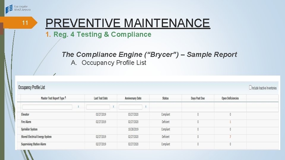 11 PREVENTIVE MAINTENANCE 1. Reg. 4 Testing & Compliance The Compliance Engine (“Brycer”) –