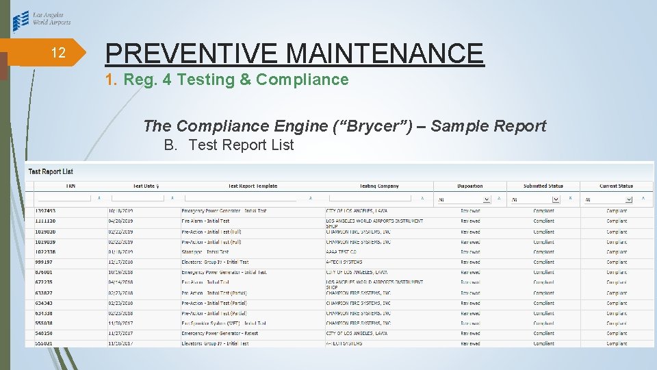 12 PREVENTIVE MAINTENANCE 1. Reg. 4 Testing & Compliance The Compliance Engine (“Brycer”) –