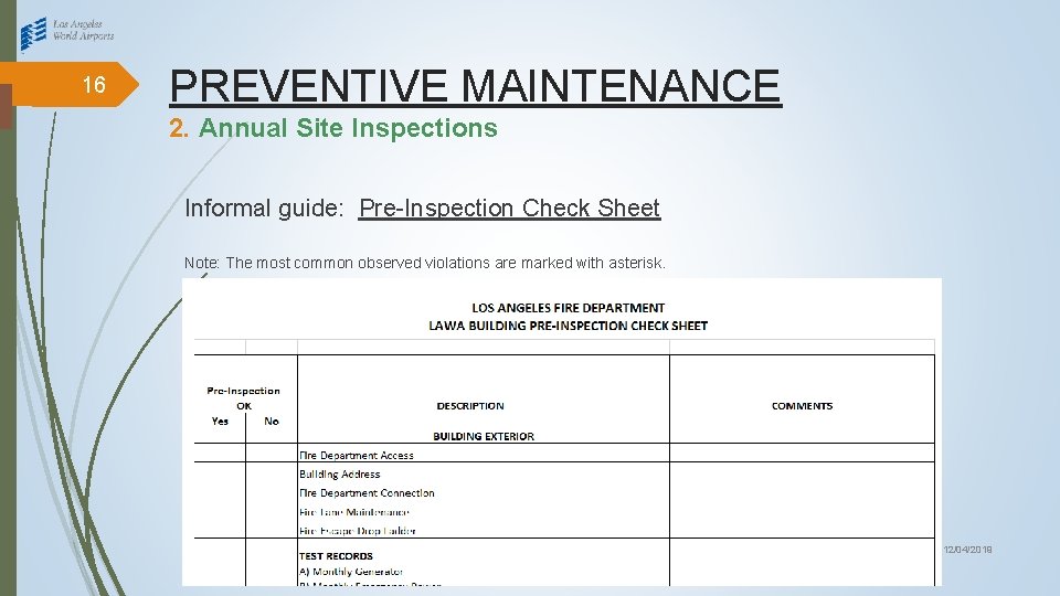 16 PREVENTIVE MAINTENANCE 2. Annual Site Inspections Informal guide: Pre-Inspection Check Sheet Note: The