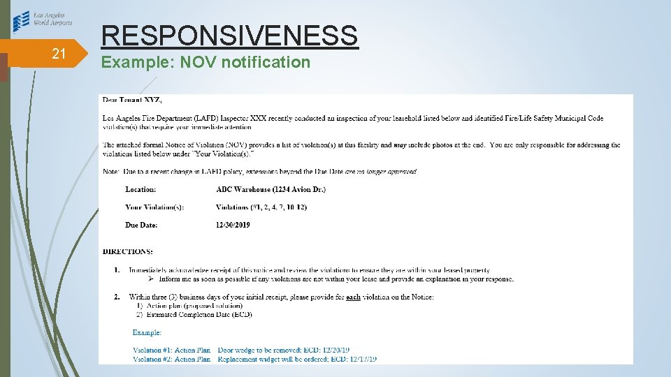 21 RESPONSIVENESS Example: NOV notification 12/04/2019 