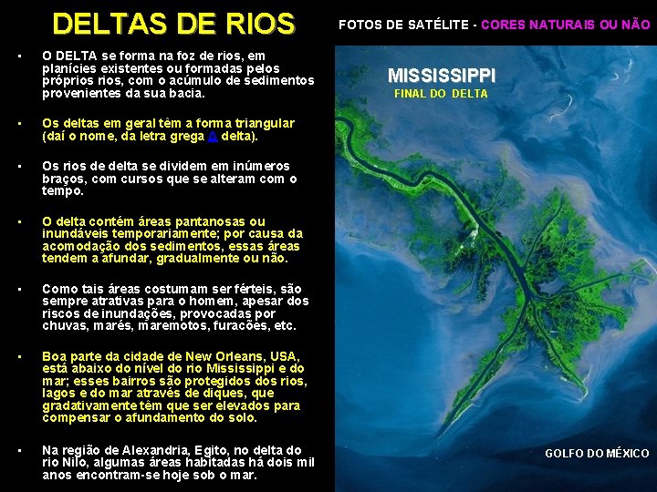 DELTAS DE RIOS • O DELTA se forma na foz de rios, em planícies