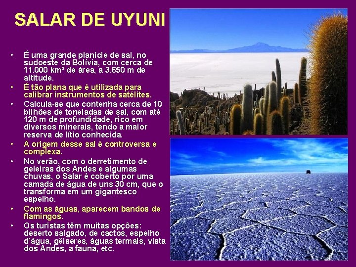 SALAR DE UYUNI • • É uma grande planície de sal, no sudoeste da