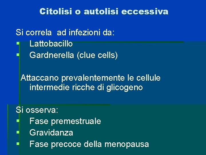 Citolisi o autolisi eccessiva Si correla ad infezioni da: § Lattobacillo § Gardnerella (clue Citolisi o autolisi eccessiva Si correla ad infezioni da: § Lattobacillo § Gardnerella (clue