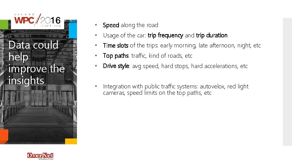 • Speed along the road Data could help improve the insights • Usage • Speed along the road Data could help improve the insights • Usage