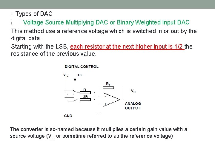  • Types of DAC Voltage Source Multiplying DAC or Binary Weighted Input DAC