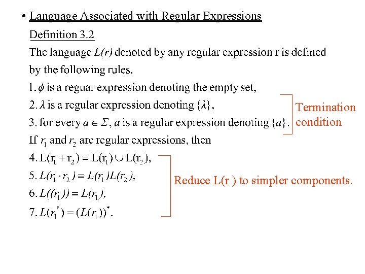  • Language Associated with Regular Expressions Termination condition Reduce L(r ) to simpler