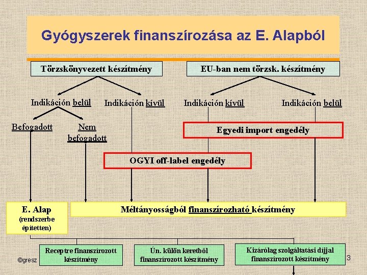 Gyógyszerek finanszírozása az E. Alapból Törzskönyvezett készítmény Indikáción belül Befogadott Indikáción kívül Nem befogadott