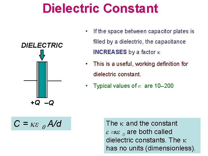 Dielectric Constant • If the space between capacitor plates is DIELECTRIC filled by a