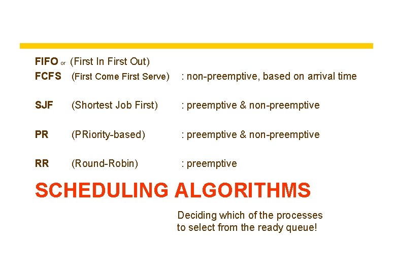 FIFO or (First In First Out) FCFS (First Come First Serve) : non-preemptive, based