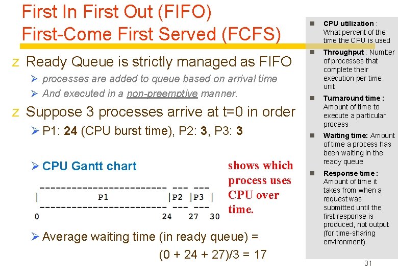 First In First Out (FIFO) First-Come First Served (FCFS) z Ready Queue is strictly