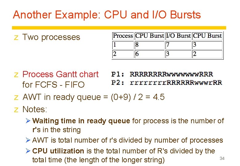Another Example: CPU and I/O Bursts z Two processes z Process Gantt chart for