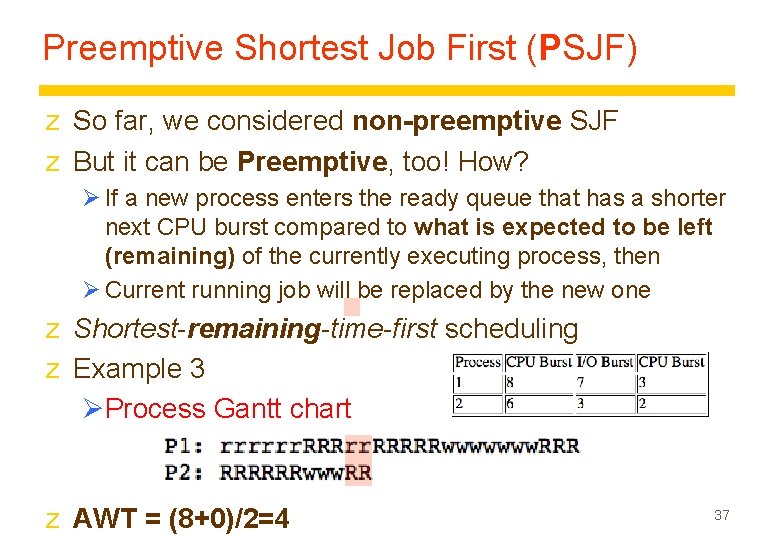 Preemptive Shortest Job First (PSJF) z So far, we considered non-preemptive SJF z But