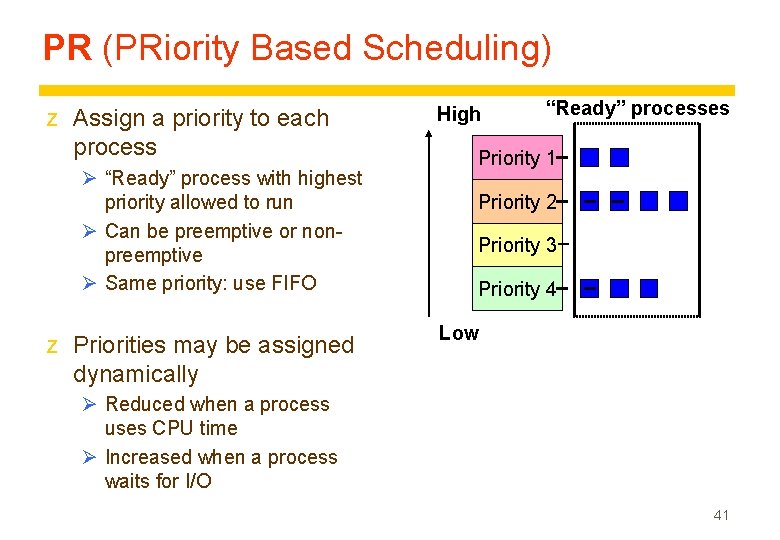 PR (PRiority Based Scheduling) z Assign a priority to each process Ø “Ready” process