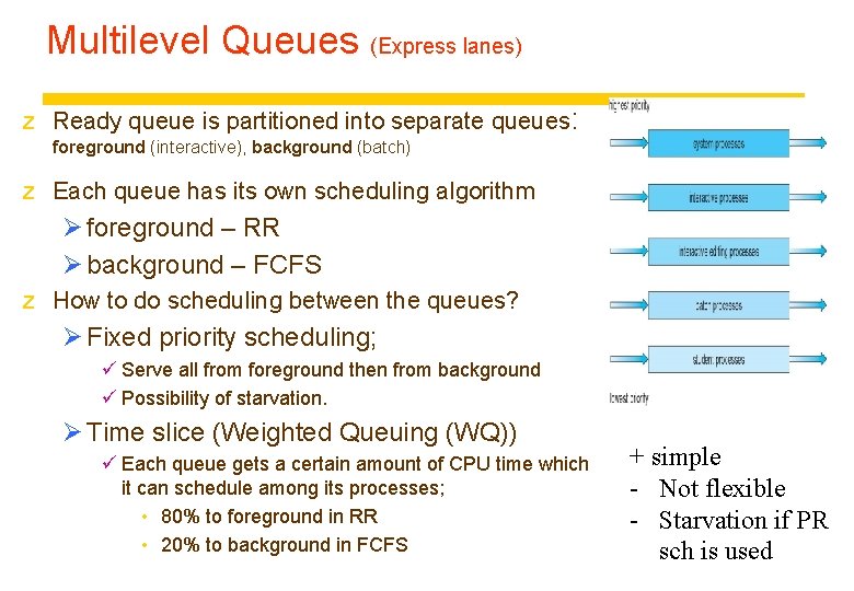 Multilevel Queues (Express lanes) z Ready queue is partitioned into separate queues: foreground (interactive),