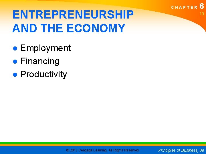 ENTREPRENEURSHIP AND THE ECONOMY CHAPTER 6 10 ● Employment ● Financing ● Productivity ©