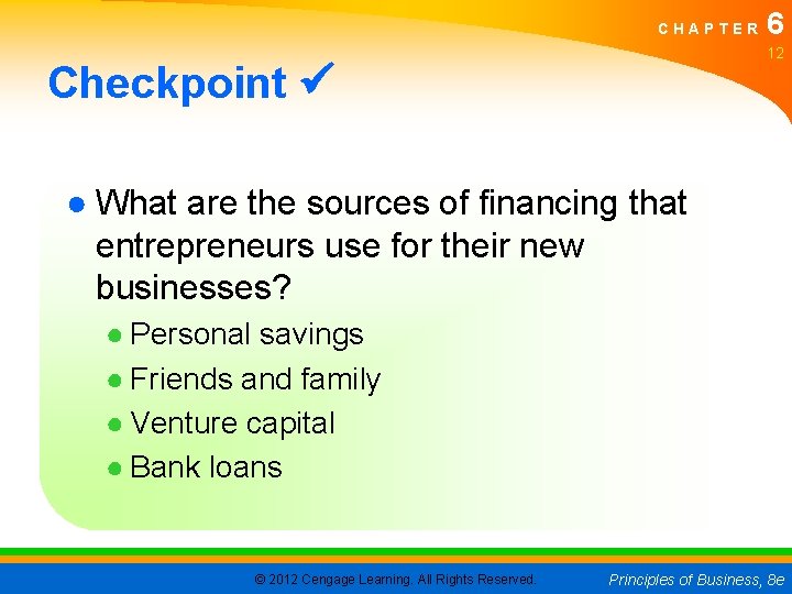 CHAPTER 6 12 Checkpoint ● What are the sources of financing that entrepreneurs use