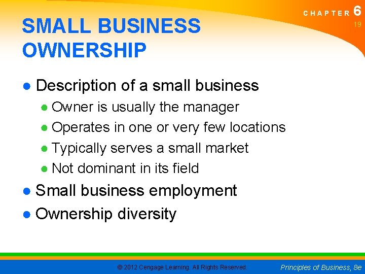 CHAPTER SMALL BUSINESS OWNERSHIP 6 19 ● Description of a small business ● Owner