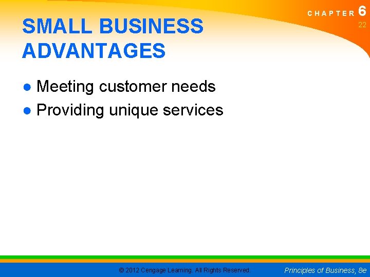 SMALL BUSINESS ADVANTAGES CHAPTER 6 22 ● Meeting customer needs ● Providing unique services