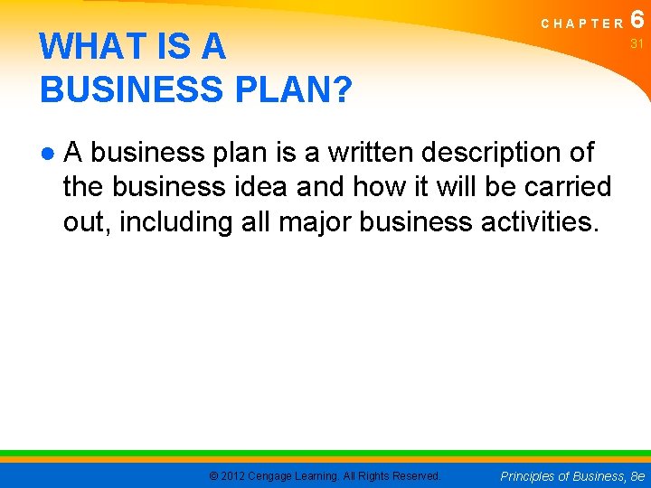 WHAT IS A BUSINESS PLAN? CHAPTER 6 31 ● A business plan is a