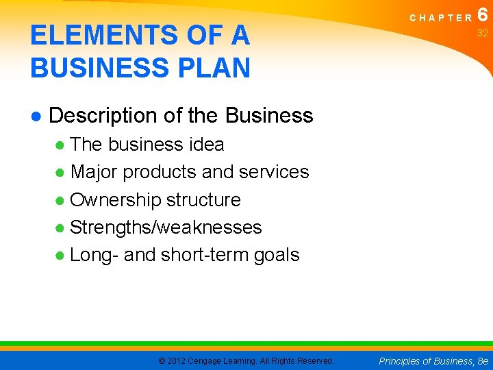 ELEMENTS OF A BUSINESS PLAN CHAPTER 6 32 ● Description of the Business ●