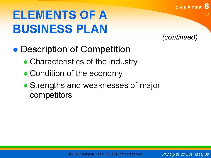 ELEMENTS OF A BUSINESS PLAN CHAPTER 6 33 (continued) ● Description of Competition ●