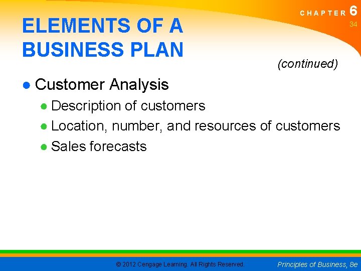 ELEMENTS OF A BUSINESS PLAN CHAPTER 6 34 (continued) ● Customer Analysis ● Description