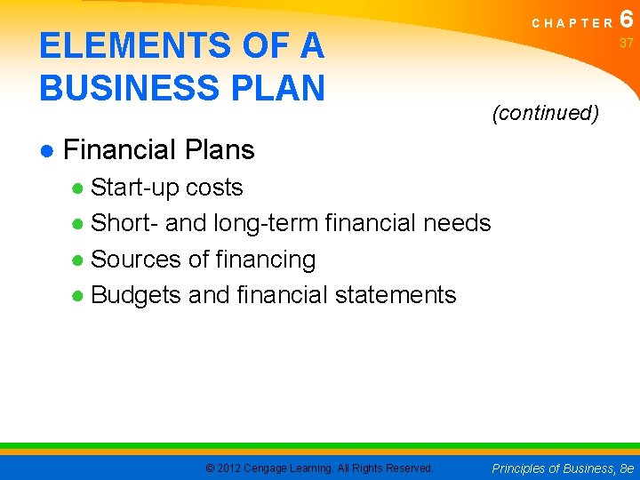 CHAPTER ELEMENTS OF A BUSINESS PLAN 6 37 (continued) ● Financial Plans ● Start-up