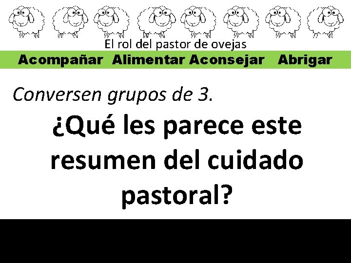 El rol del pastor de ovejas Acompañar Alimentar Aconsejar Abrigar Conversen grupos de 3.