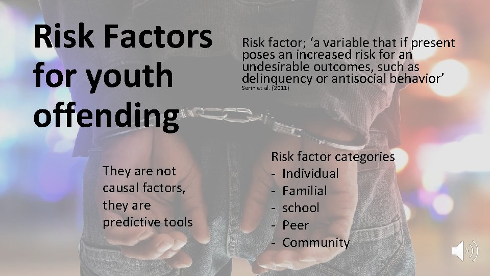 Risk Factors for youth offending They are not causal factors, they are predictive tools