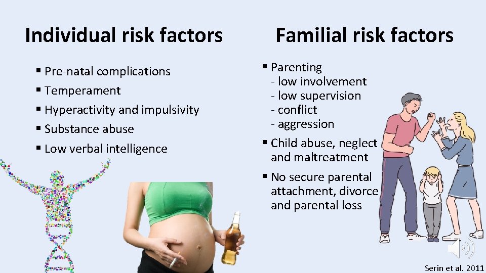 Individual risk factors § Pre-natal complications § Temperament § Hyperactivity and impulsivity § Substance Individual risk factors § Pre-natal complications § Temperament § Hyperactivity and impulsivity § Substance