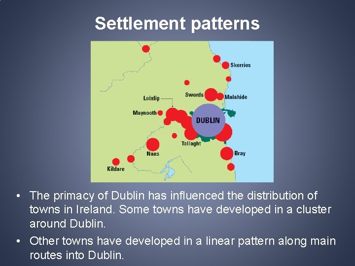 Settlement patterns • The primacy of Dublin has influenced the distribution of towns in