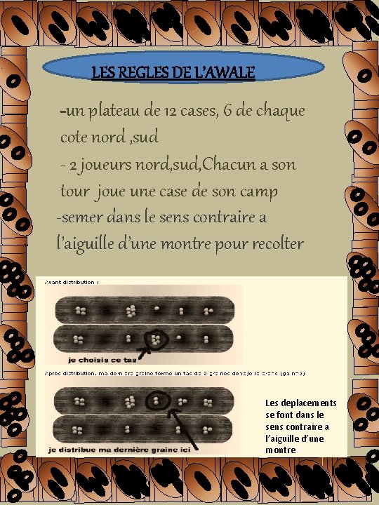 LES REGLES DE L’AWALE -un plateau de 12 cases, 6 de chaque cote nord