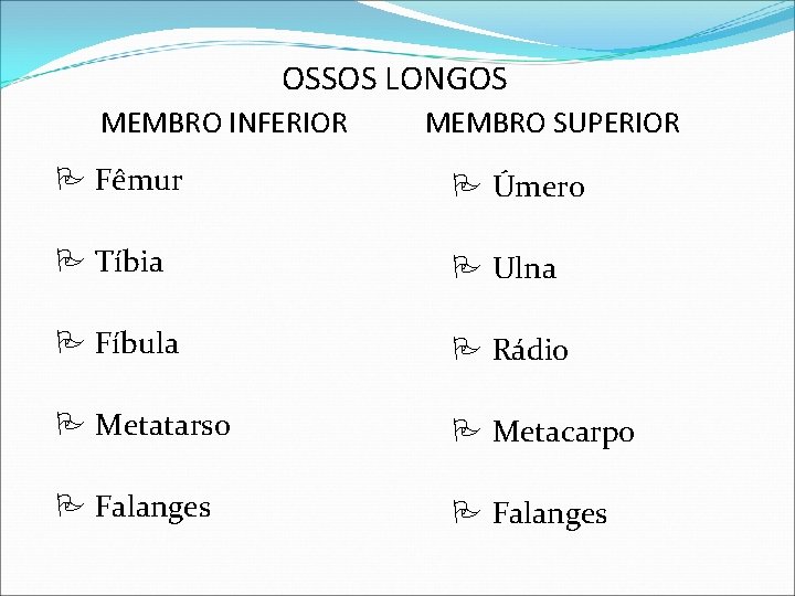 OSSOS LONGOS MEMBRO INFERIOR MEMBRO SUPERIOR Fêmur Úmero Tíbia Ulna Fíbula Rádio Metatarso Metacarpo OSSOS LONGOS MEMBRO INFERIOR MEMBRO SUPERIOR Fêmur Úmero Tíbia Ulna Fíbula Rádio Metatarso Metacarpo