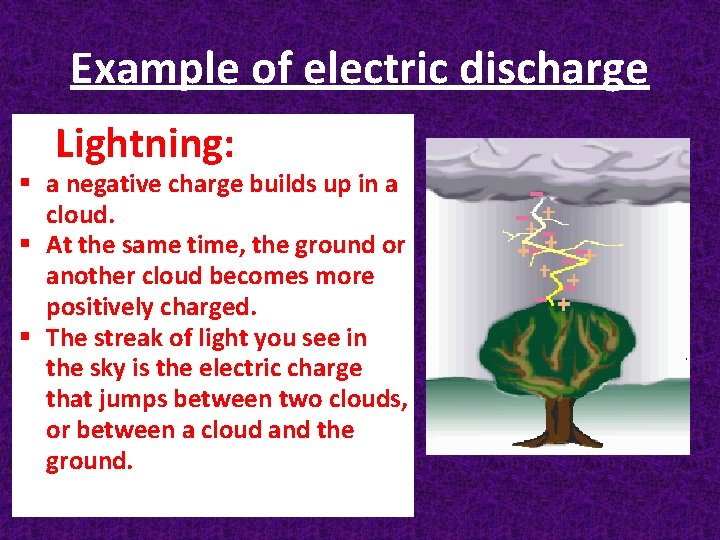 Example of electric discharge Lightning: a negative charge builds up in a cloud. At