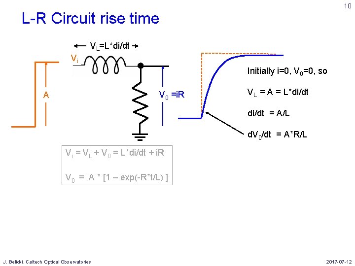 10 L-R Circuit rise time VL=L*di/dt Vi Initially i=0, V 0=0, so V 0