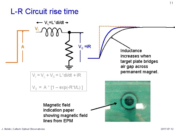 11 L-R Circuit rise time VL=L*di/dt Vi V 0 =i. R A Vi =