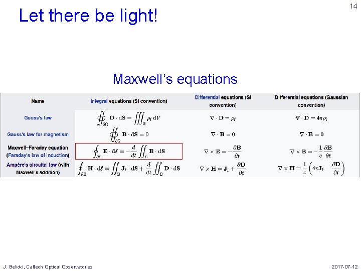 Let there be light! 14 Maxwell’s equations J. Belicki, Caltech Optical Observatories 2017 -07