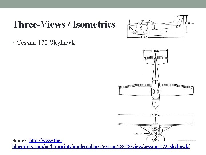 Three-Views / Isometrics • Cessna 172 Skyhawk Source: http: //www. theblueprints. com/en/blueprints/modernplanes/cessna/18078/view/cessna_172_skyhawk/ 