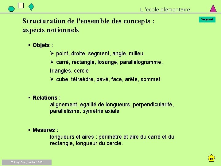 L ’école élémentaire Structuration de l'ensemble des concepts : aspects notionnels Vergnaud § Objets