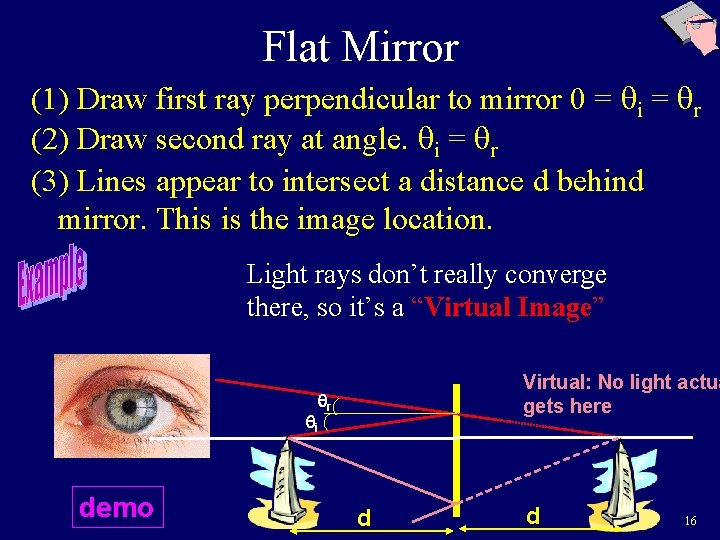 Flat Mirror (1) Draw first ray perpendicular to mirror 0 = qi = qr